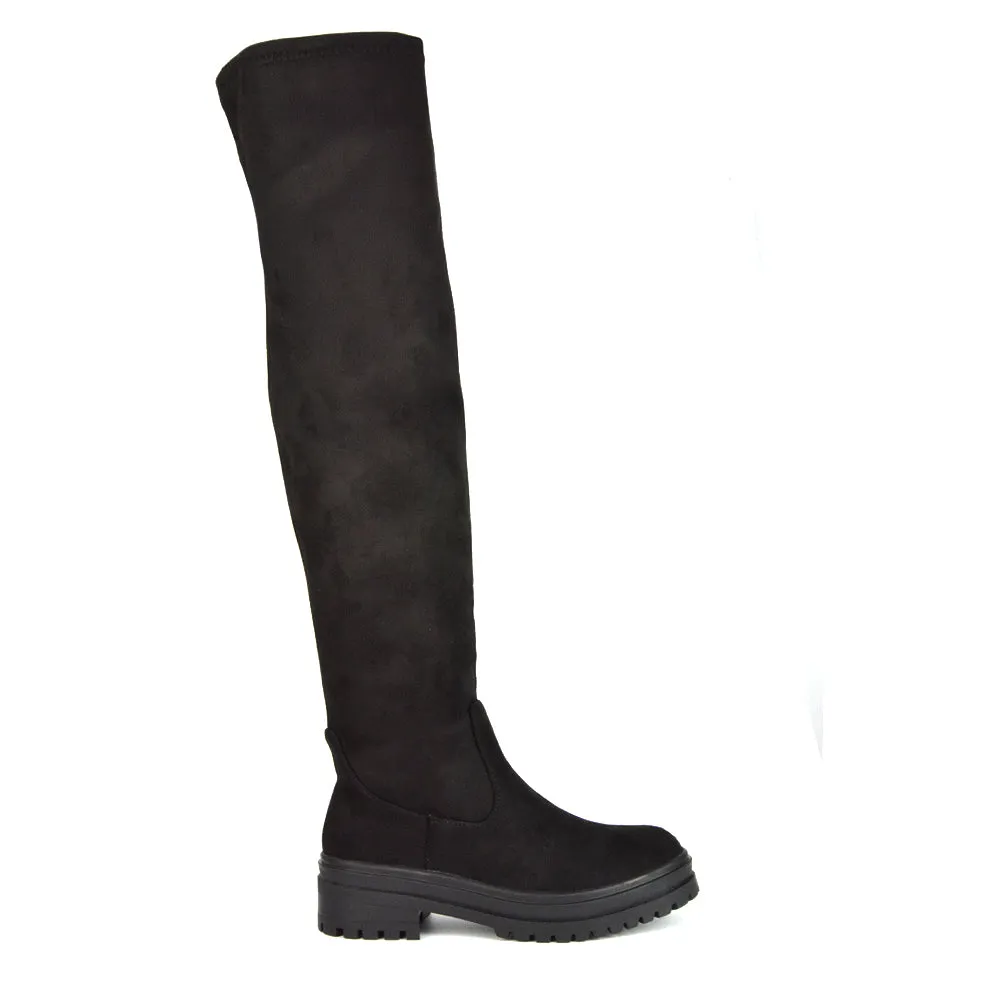 Rosalia Flat Chunky Sole Over the Knee Thigh High Long Boots in Black Patent