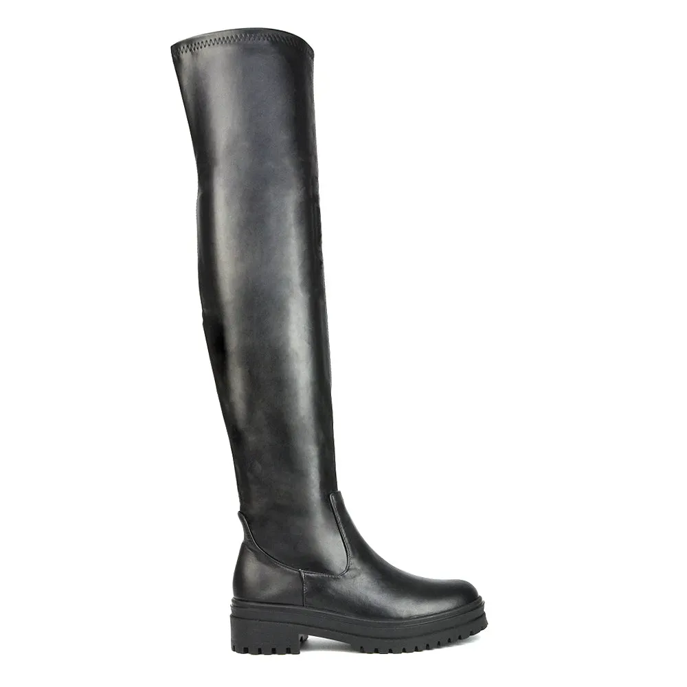 Rosalia Flat Chunky Sole Over the Knee Thigh High Long Boots in Black Patent