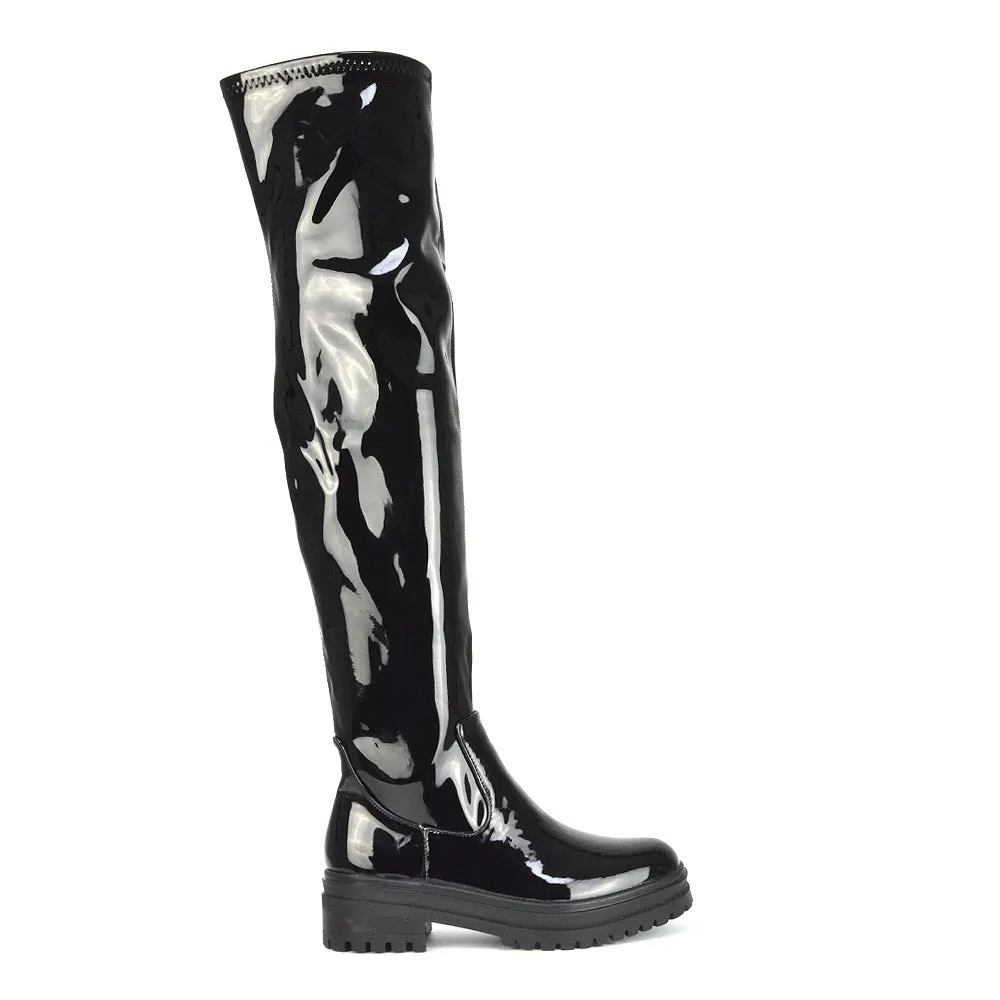 Rosalia Flat Chunky Sole Over the Knee Thigh High Long Boots in Black Patent