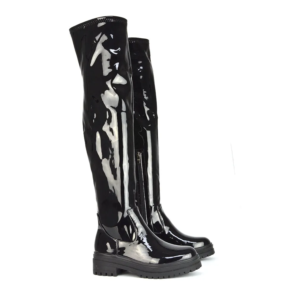 Rosalia Flat Chunky Sole Over the Knee Thigh High Long Boots in Black Patent