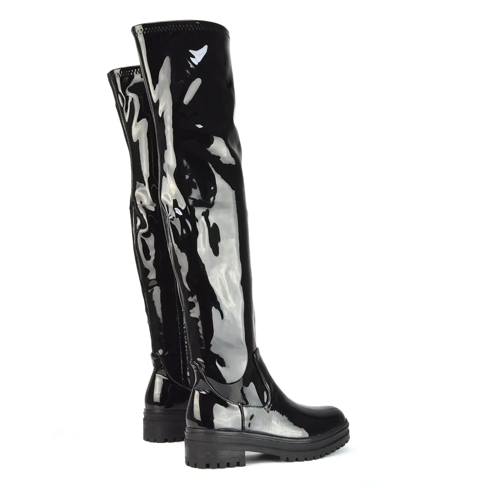 Rosalia Flat Chunky Sole Over the Knee Thigh High Long Boots in Black Patent