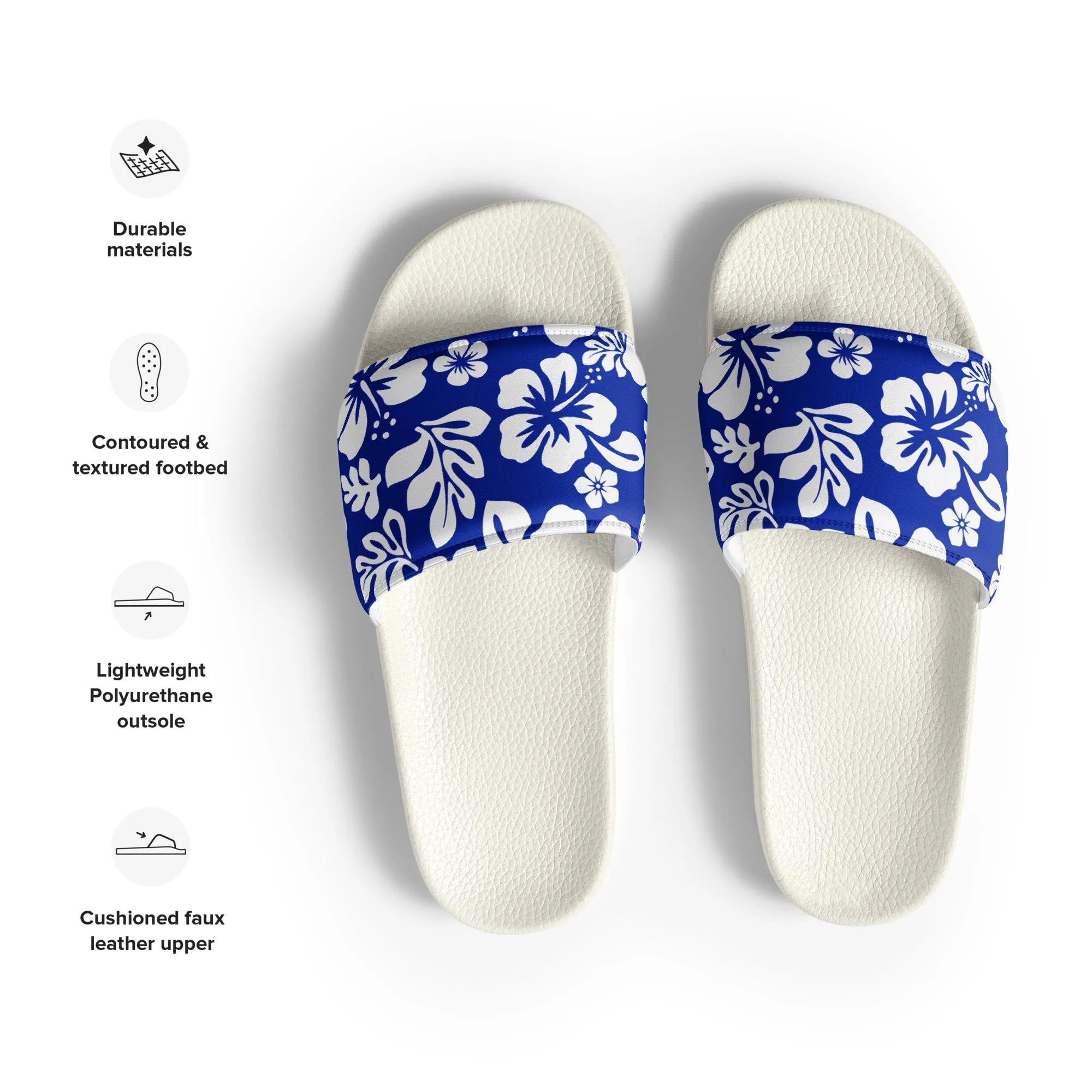 Royal Blue and White Hawaiian Flowers Men’s Slides Sandals