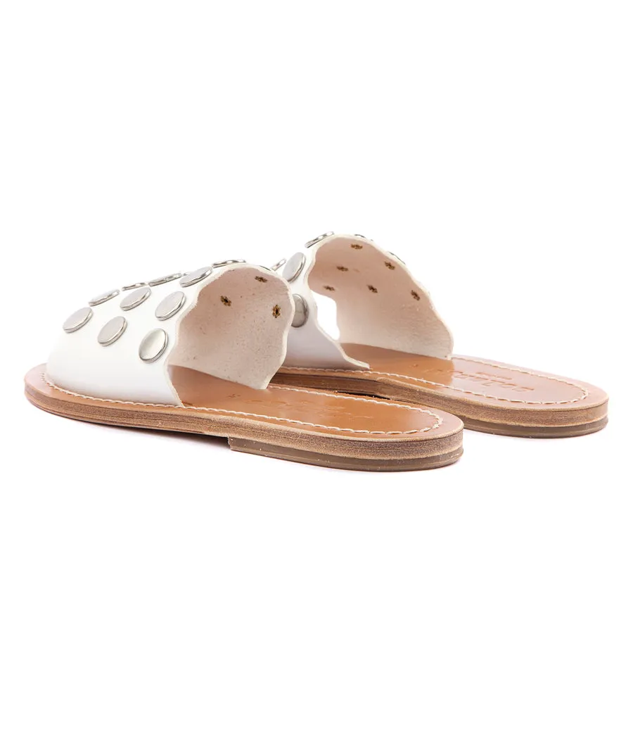 STRIPE STUDDED SLIDE SANDALS FT WAVY HEM WHITE