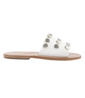 STRIPE STUDDED SLIDE SANDALS FT WAVY HEM WHITE