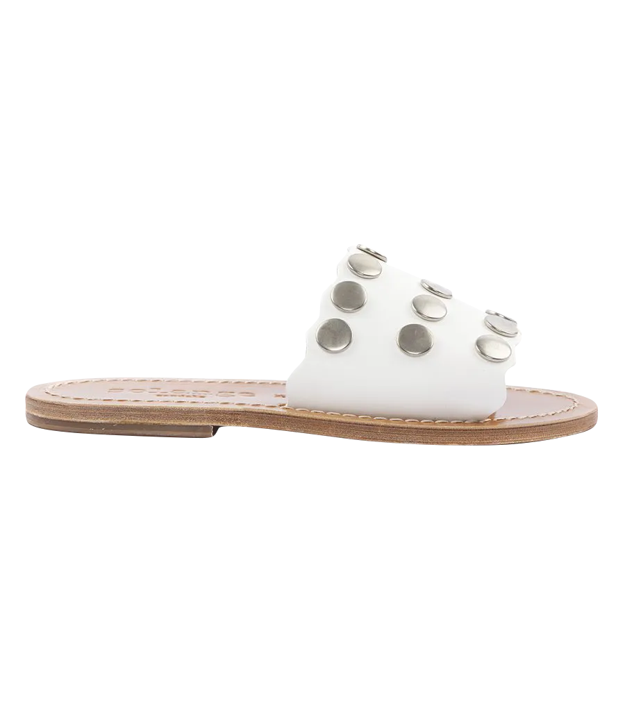 STRIPE STUDDED SLIDE SANDALS FT WAVY HEM WHITE