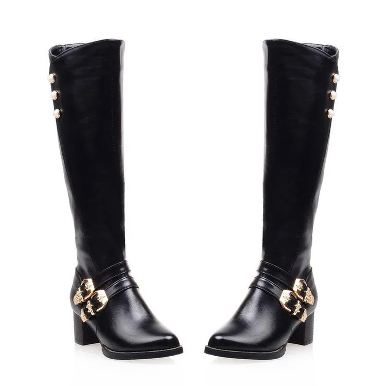 Studded Buckle Chunky Heels Tall Motorcycle Boots for Women 5376