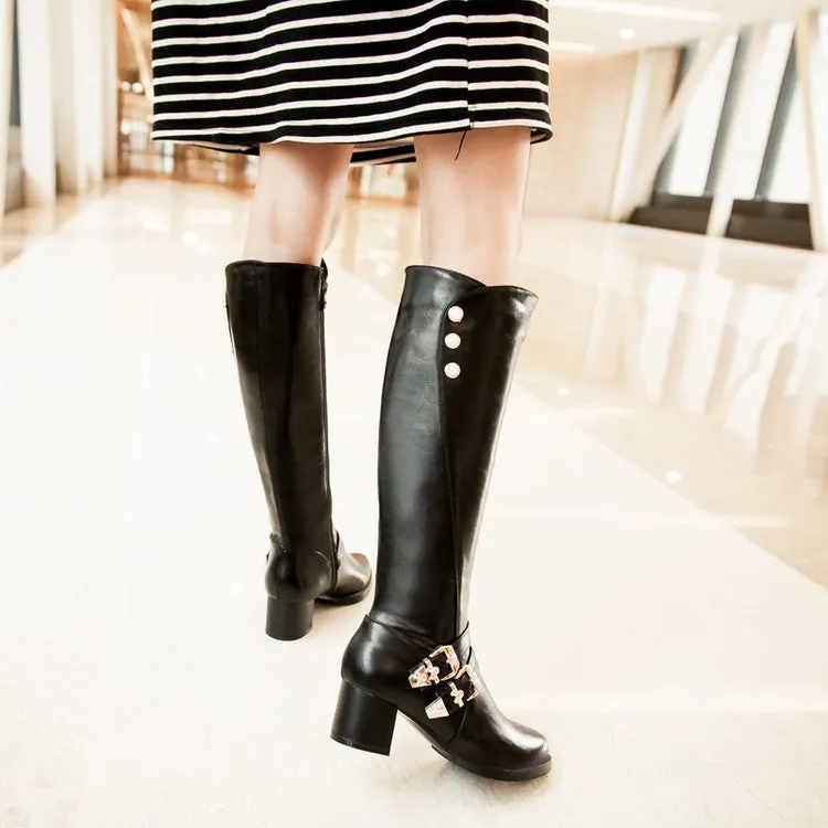 Studded Buckle Chunky Heels Tall Motorcycle Boots for Women 5376