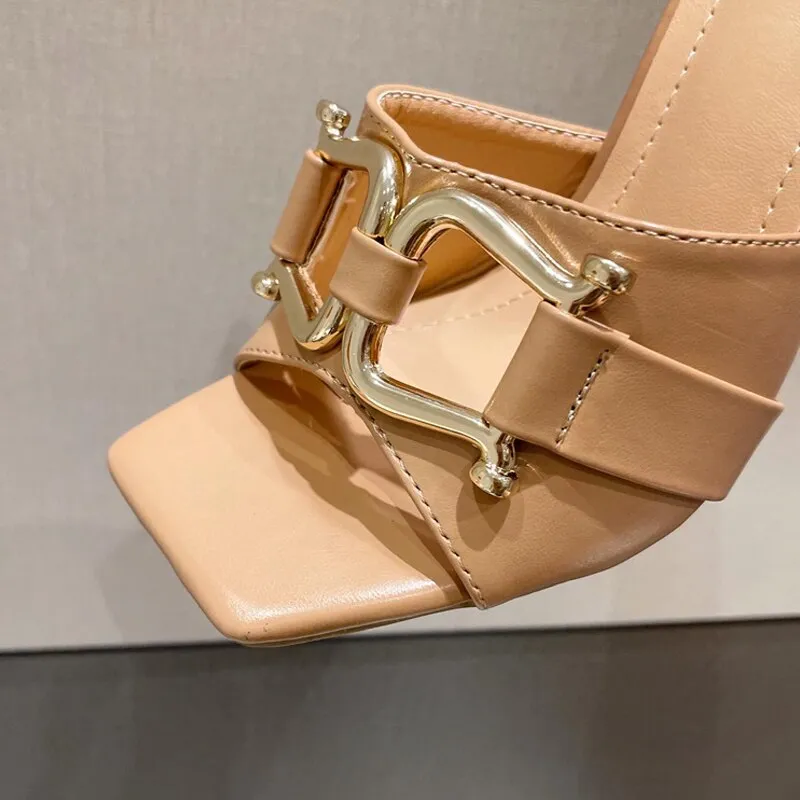 Summer New High-Heeled Women's Shoes Square Head Square Flat With Metal Buckle Thick Sandals