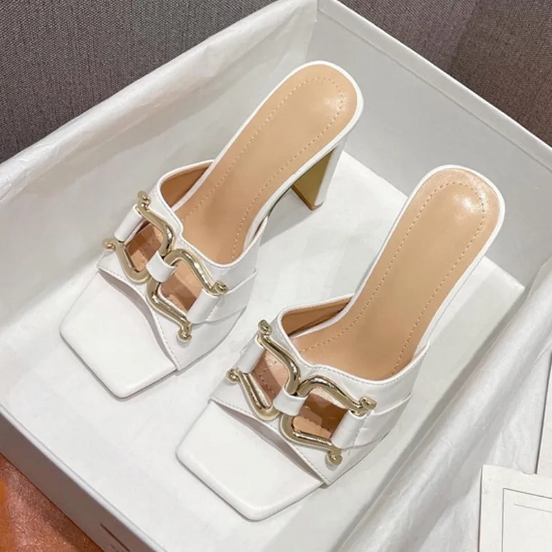 Summer New High-Heeled Women's Shoes Square Head Square Flat With Metal Buckle Thick Sandals