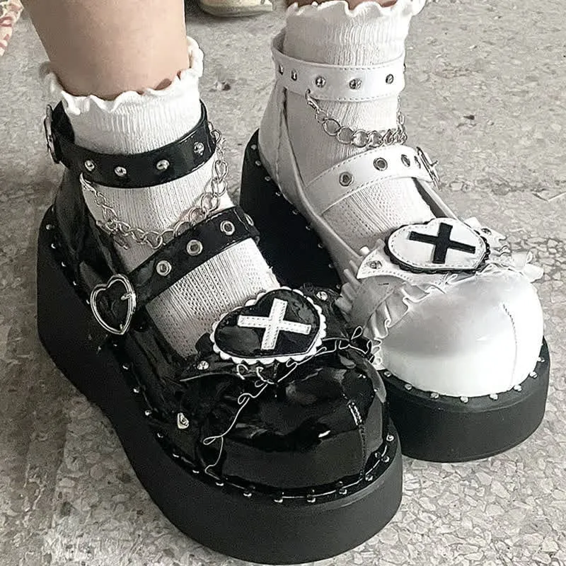 Sweet Punk Cross Love Heart Chain Strap Buckle Platform Shoes