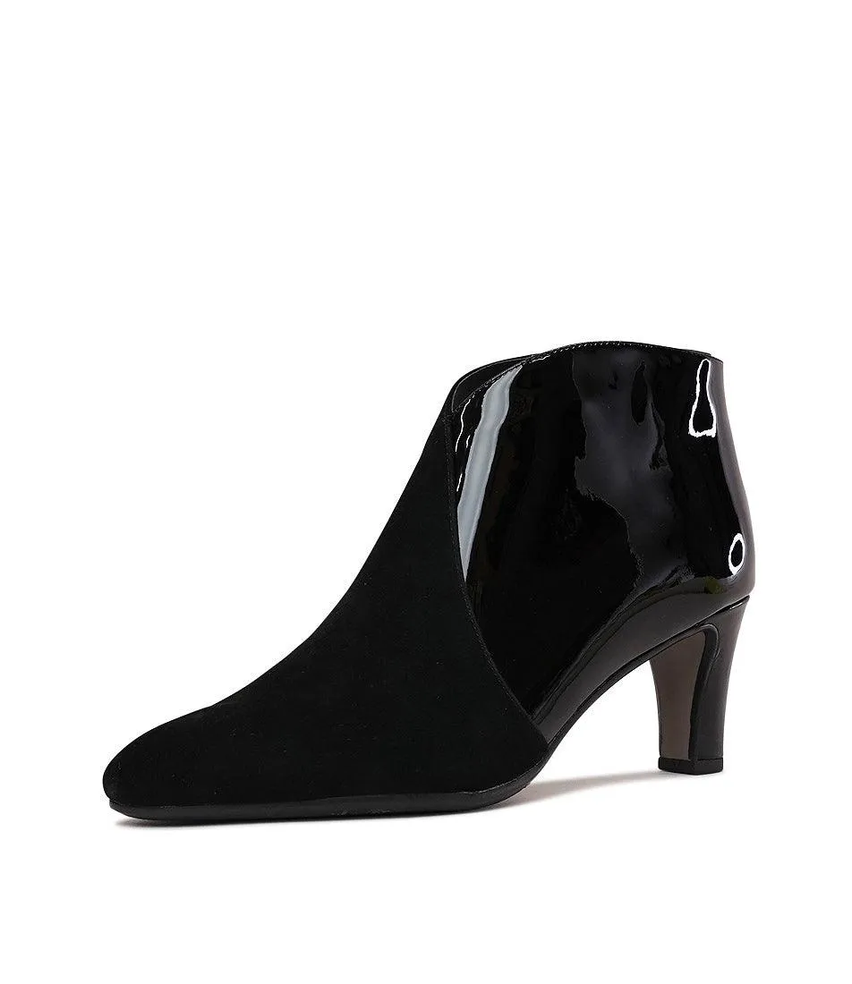 Templess Black Suede/ Black Patent Ankle Boots