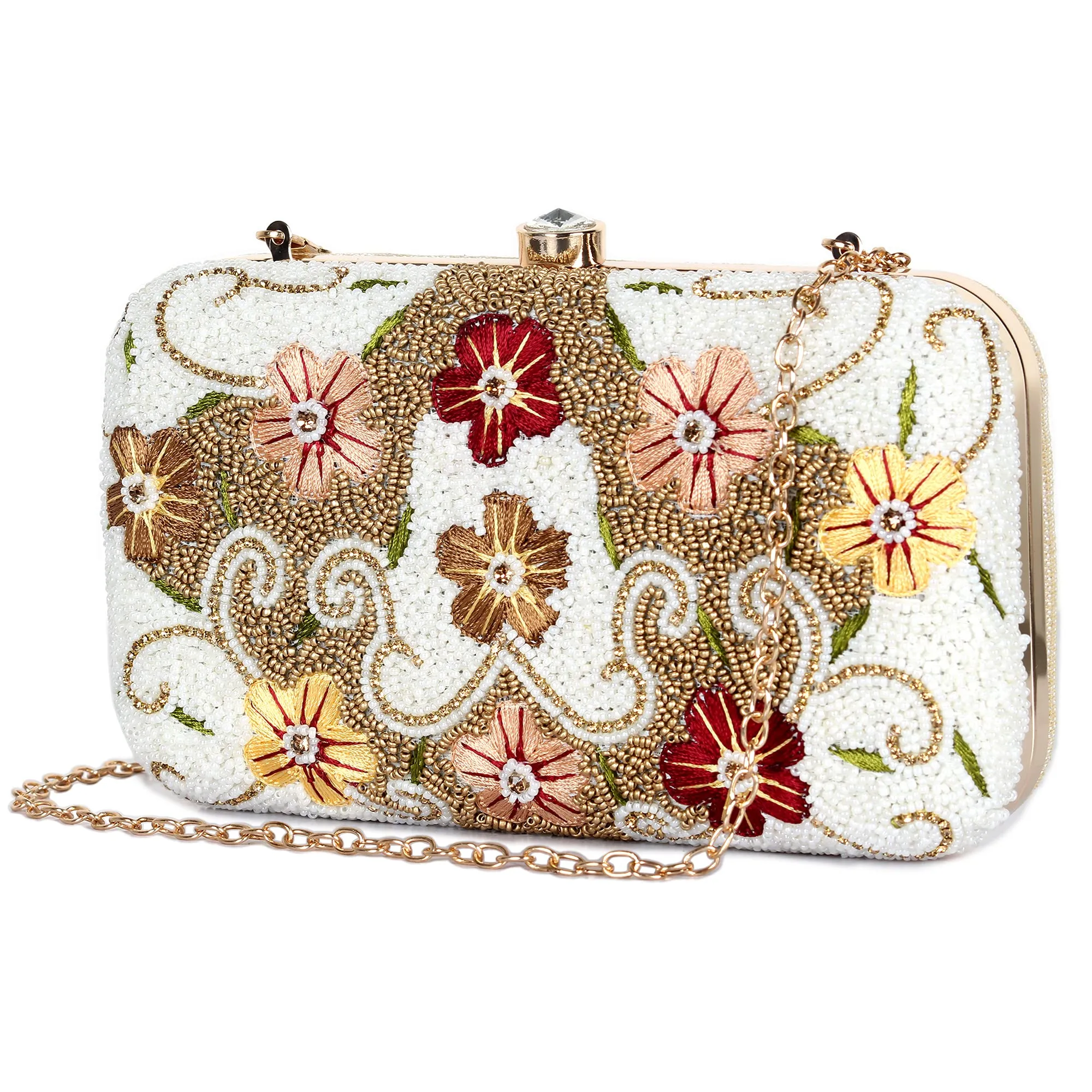 THE CLOWNFISH Senorita Collection Womens Party Clutch Ladies Wallet Evening Bag with Fashionable Round Corners Beads Work and Floral Embroidered Design (White)