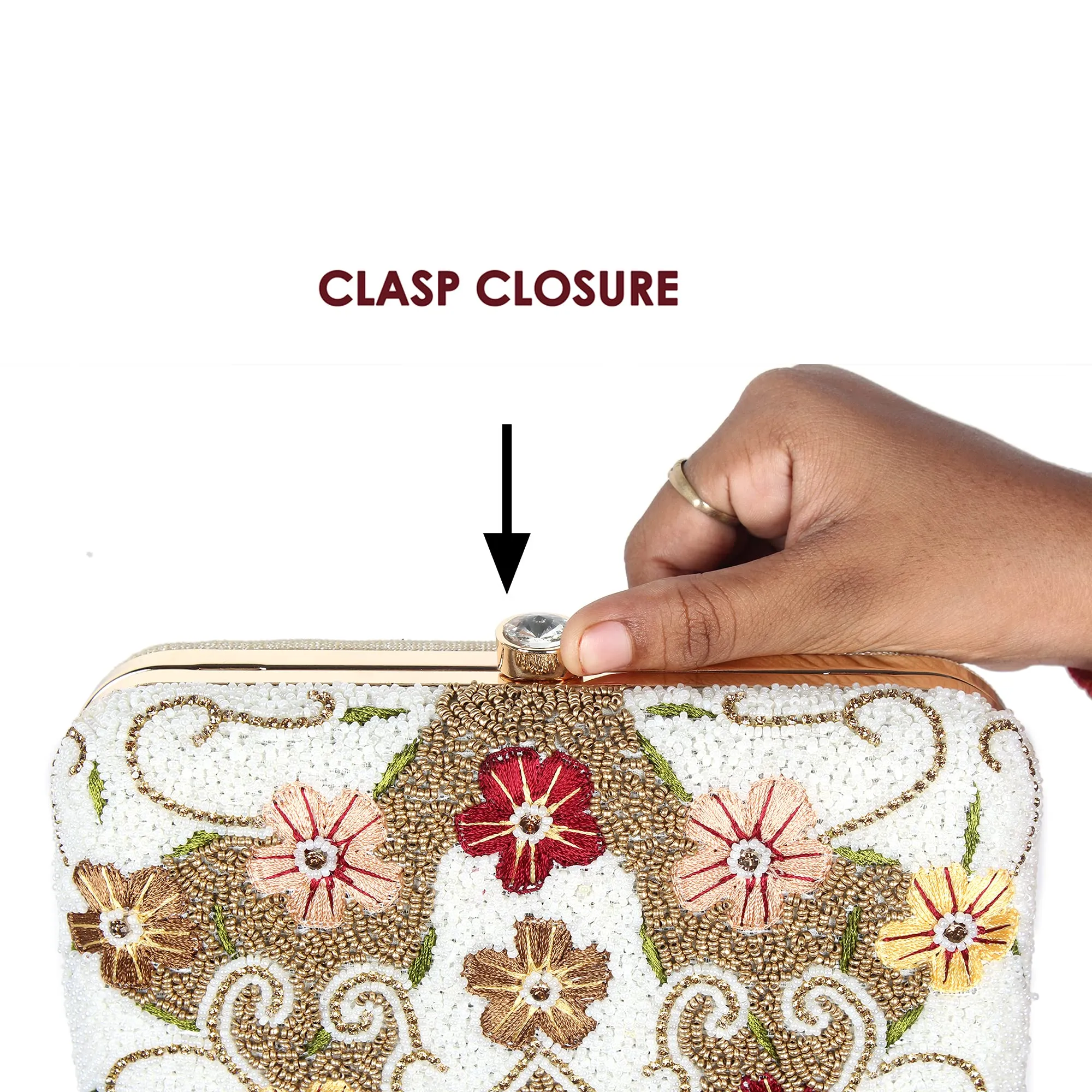 THE CLOWNFISH Senorita Collection Womens Party Clutch Ladies Wallet Evening Bag with Fashionable Round Corners Beads Work and Floral Embroidered Design (White)