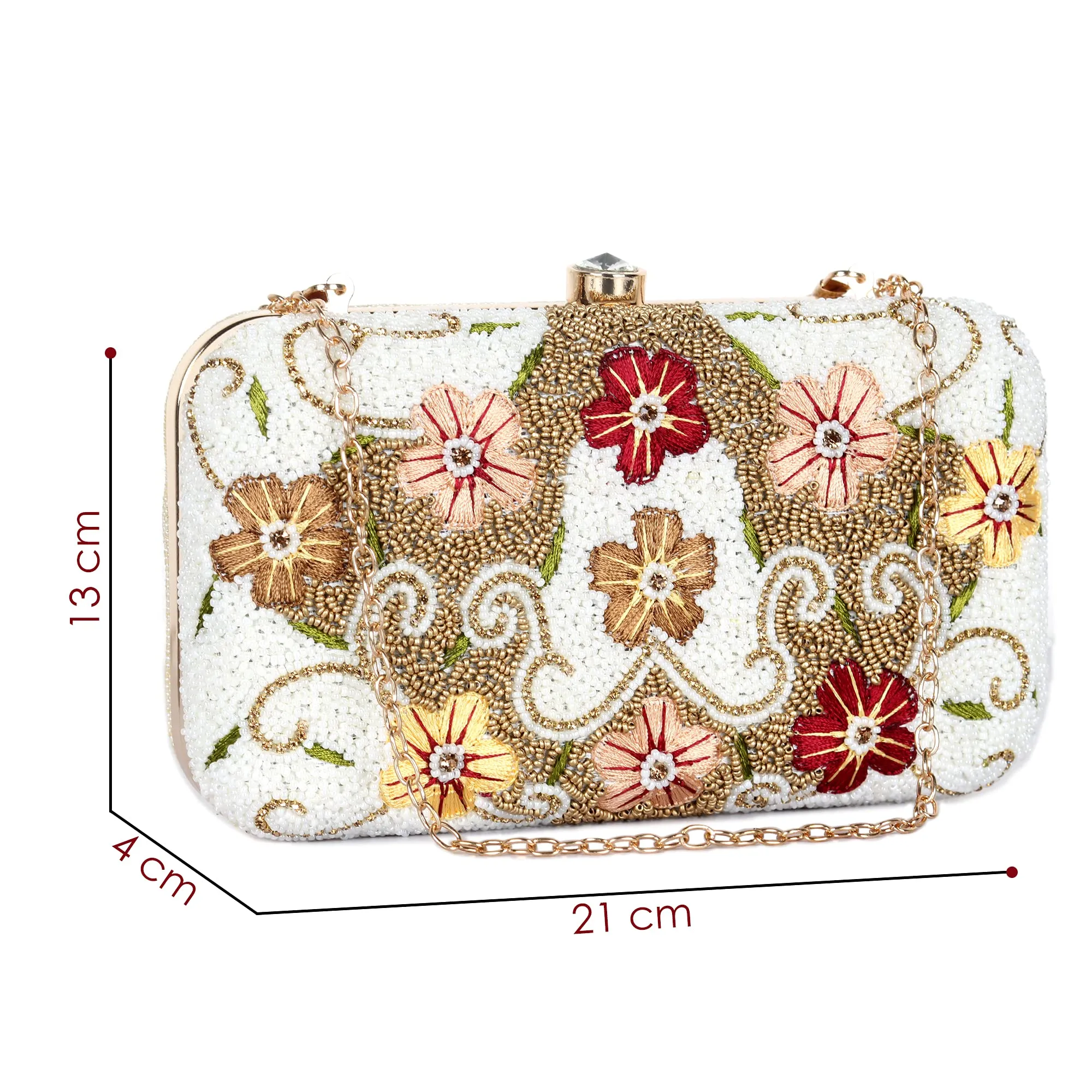 THE CLOWNFISH Senorita Collection Womens Party Clutch Ladies Wallet Evening Bag with Fashionable Round Corners Beads Work and Floral Embroidered Design (White)