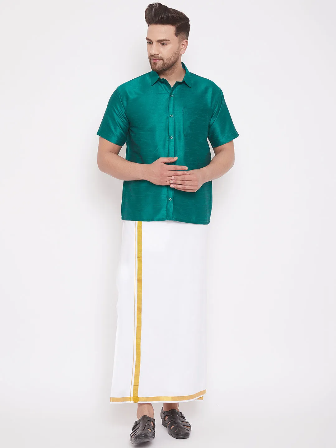 VASTRAMAY Green Silk Blend Ethnic Shirt