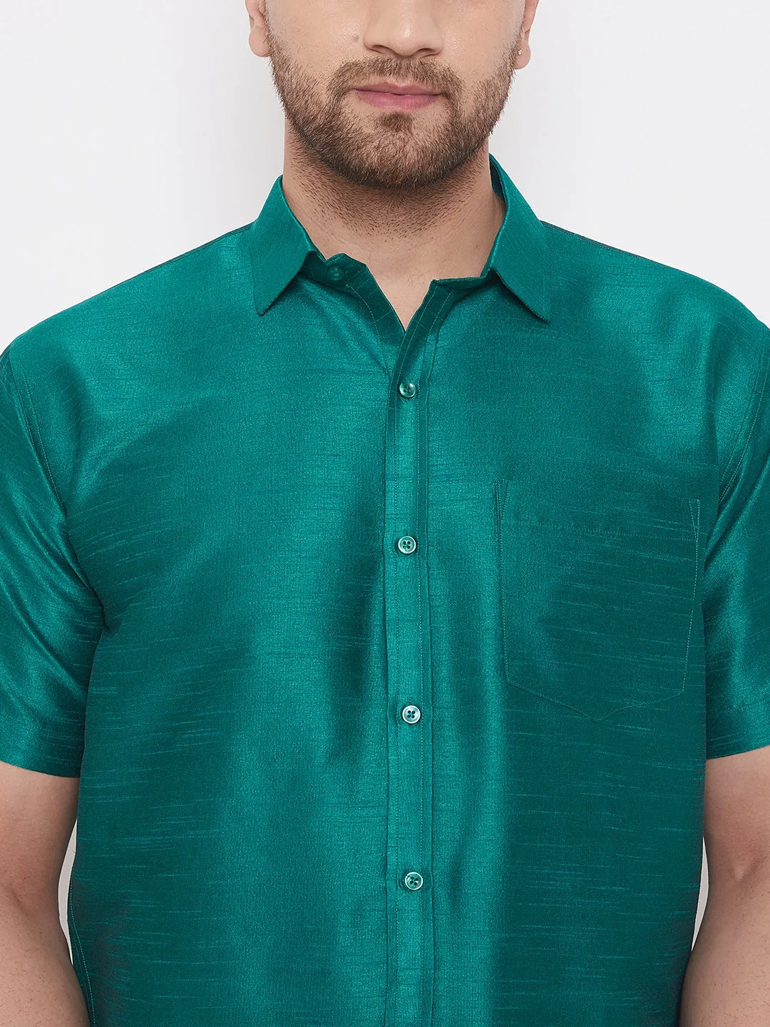 VASTRAMAY Green Silk Blend Ethnic Shirt