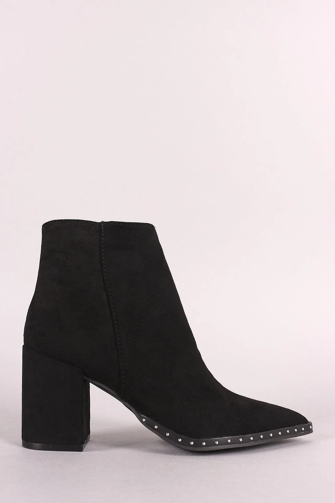 Vegan Suede Studded Mid Sole Pointy Toe Chunky Heel Booties