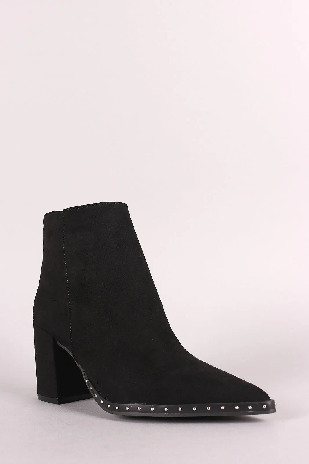 Vegan Suede Studded Mid Sole Pointy Toe Chunky Heel Booties