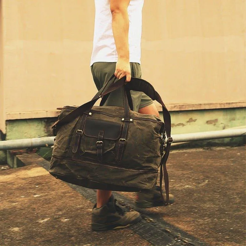 Waxed Canvas Duffle Bag with Shoe Compartment-Army green