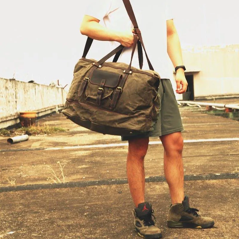 Waxed Canvas Duffle Bag with Shoe Compartment-Army green