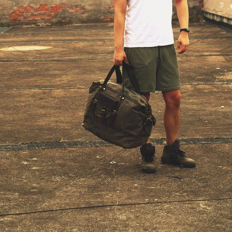 Waxed Canvas Duffle Bag with Shoe Compartment-Army green