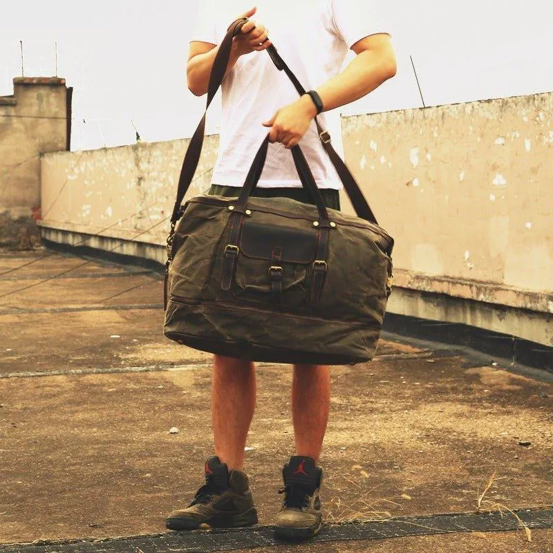 Waxed Canvas Duffle Bag with Shoe Compartment-Army green