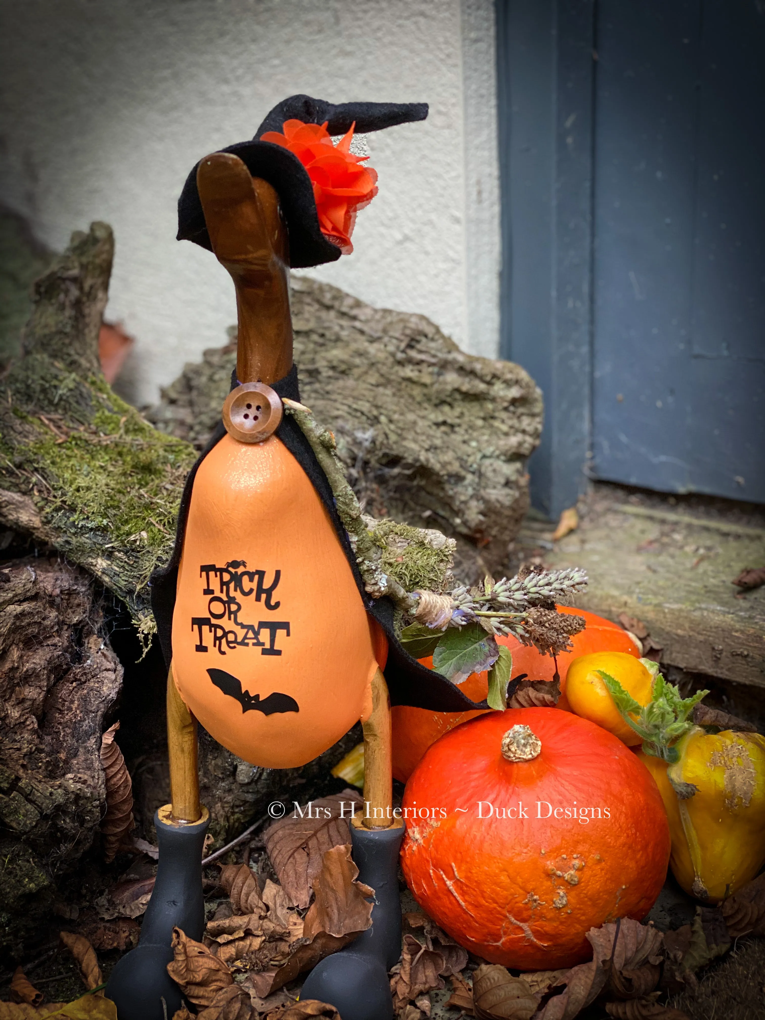 Wilma the wonderful witch - Decorated Wooden Duck in Boots by Mrs H the Duck Lady