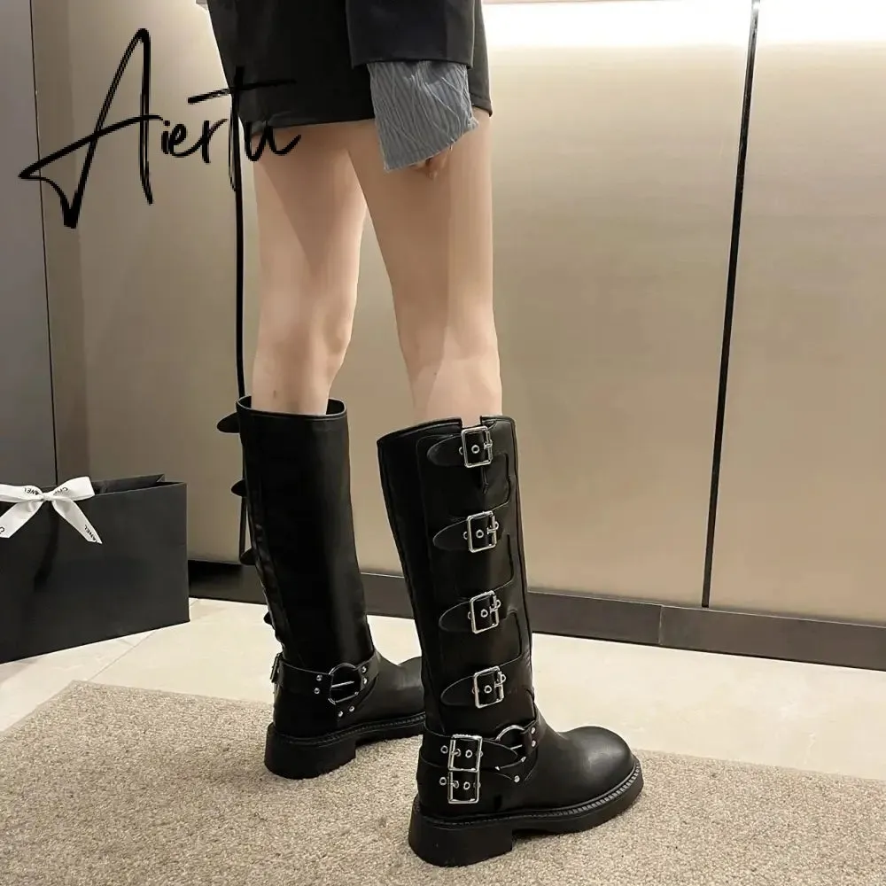 Woman Boots Knee High Platfrom Studded Spring Summer Knight Combat Gothic Elegant Medium Heel Women's Shoes Motorcycle Footwear