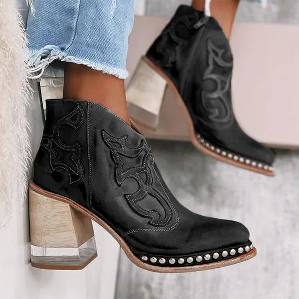 Women fashion embroidered studded pointed toe clear chunky heel ankle boots