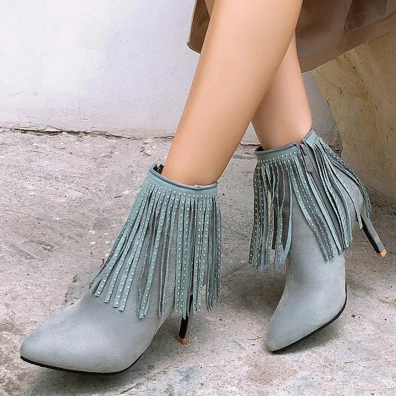 Women glitter fringed pointed stiletto high heel short boots