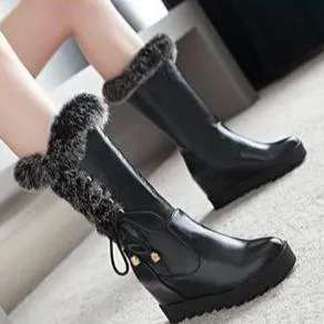 Women lace up faux fur chunky platform wedge winter mid calf boots