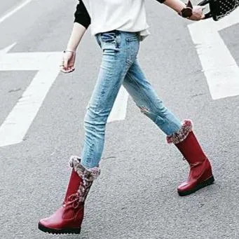 Women lace up faux fur chunky platform wedge winter mid calf boots