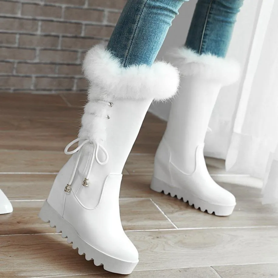 Women lace up faux fur chunky platform wedge winter mid calf boots