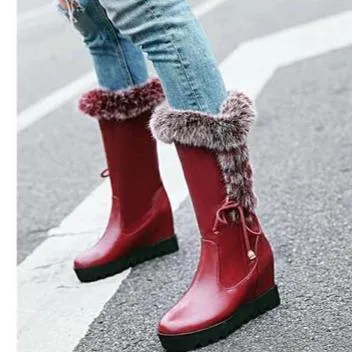 Women lace up faux fur chunky platform wedge winter mid calf boots