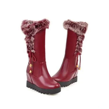 Women lace up faux fur chunky platform wedge winter mid calf boots