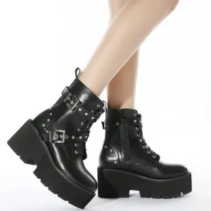 Women prom chunky platform studded buckle strap lace up black boots