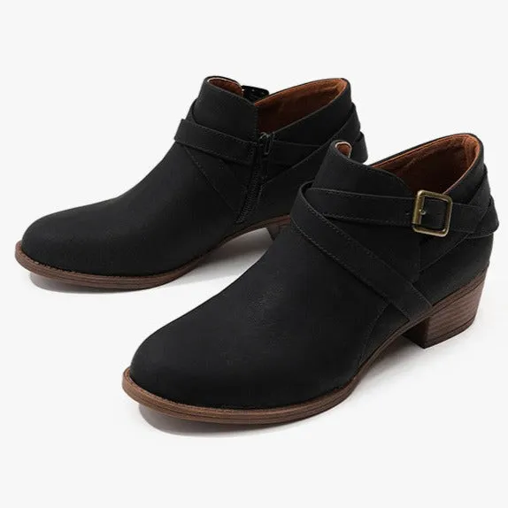 Women retro ankle boots | Roman crisscross buckle strap side zipper chunky heeled booties