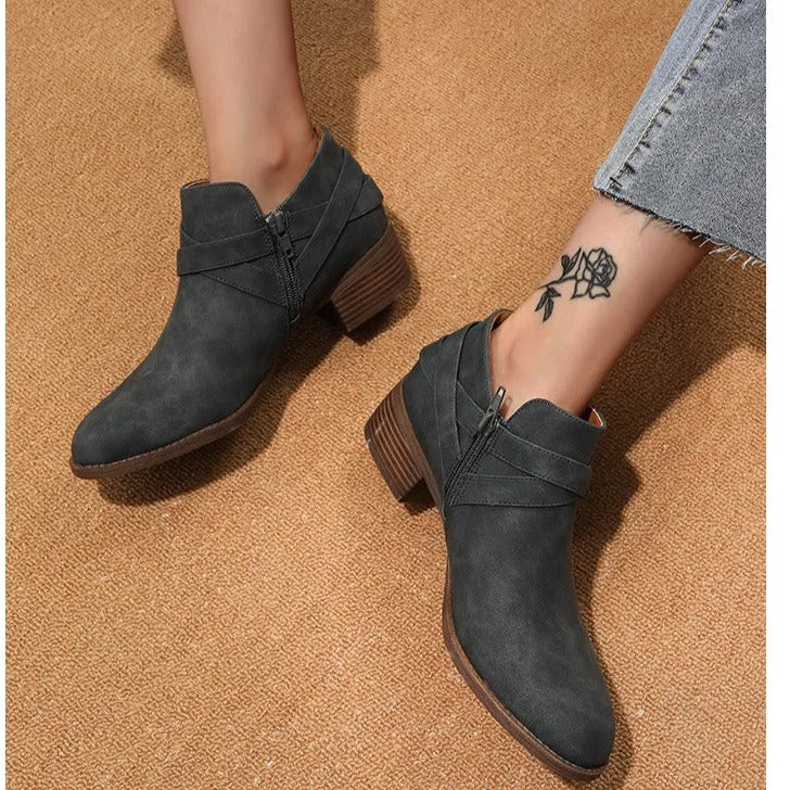 Women retro ankle boots | Roman crisscross buckle strap side zipper chunky heeled booties