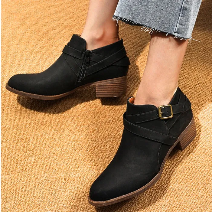 Women retro ankle boots | Roman crisscross buckle strap side zipper chunky heeled booties