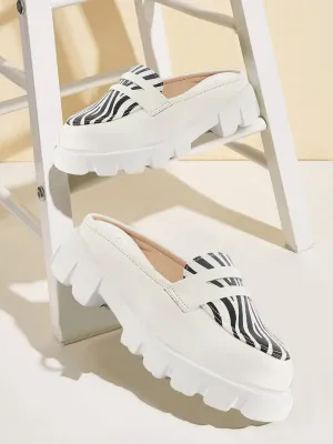 Women White Stiched Zebra Striped Print Back Open Party Slip On Casual Shoes