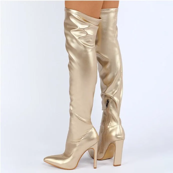 Women winter chunky heel pointed toe side zipper over the knee boots