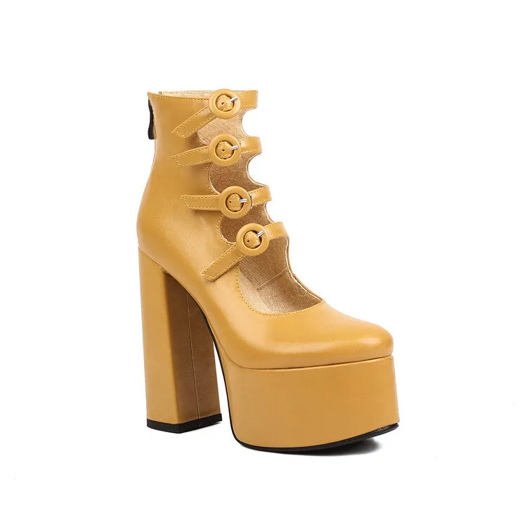 Women's Booties Glossy Round Toe Cutout Buckle Straps Block Chunky Heel Platform Back Zippers Short Boots