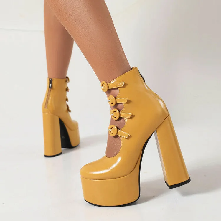 Women's Booties Glossy Round Toe Cutout Buckle Straps Block Chunky Heel Platform Back Zippers Short Boots