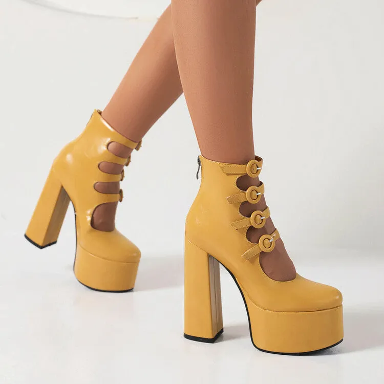 Women's Booties Glossy Round Toe Cutout Buckle Straps Block Chunky Heel Platform Back Zippers Short Boots