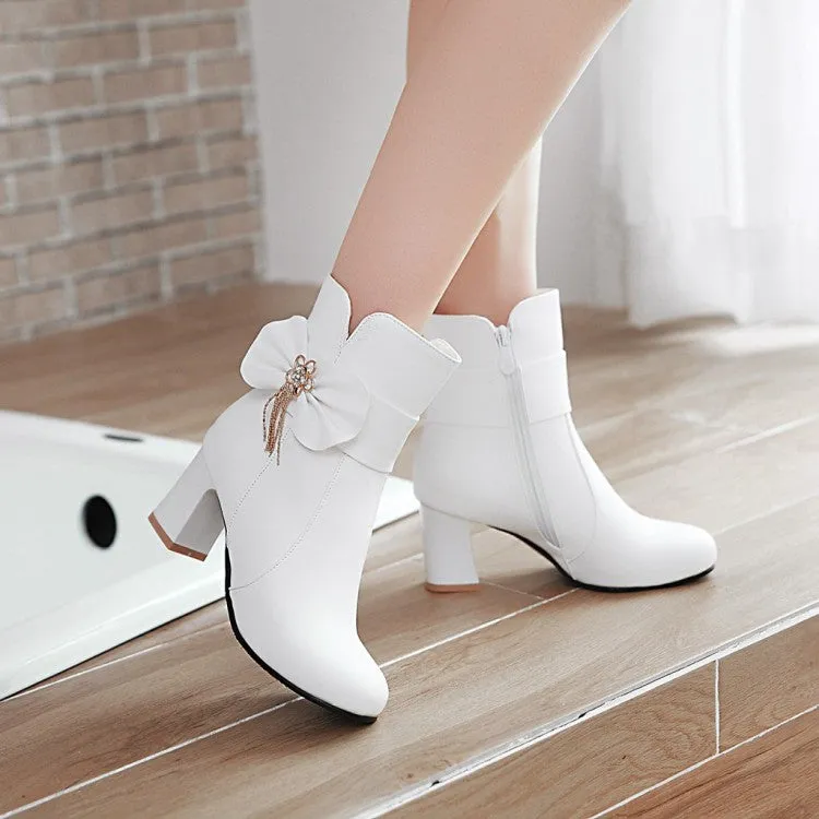 Women's Bowtie Rhinestone Tassel Block Heel Ankle Boots