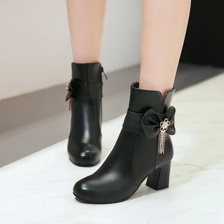 Women's Bowtie Rhinestone Tassel Block Heel Ankle Boots