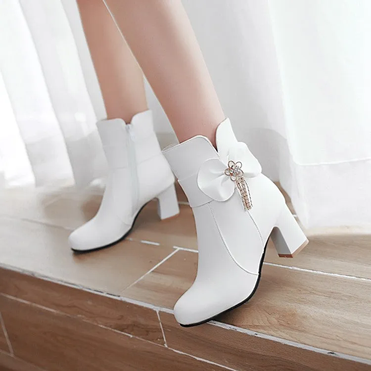 Women's Bowtie Rhinestone Tassel Block Heel Ankle Boots