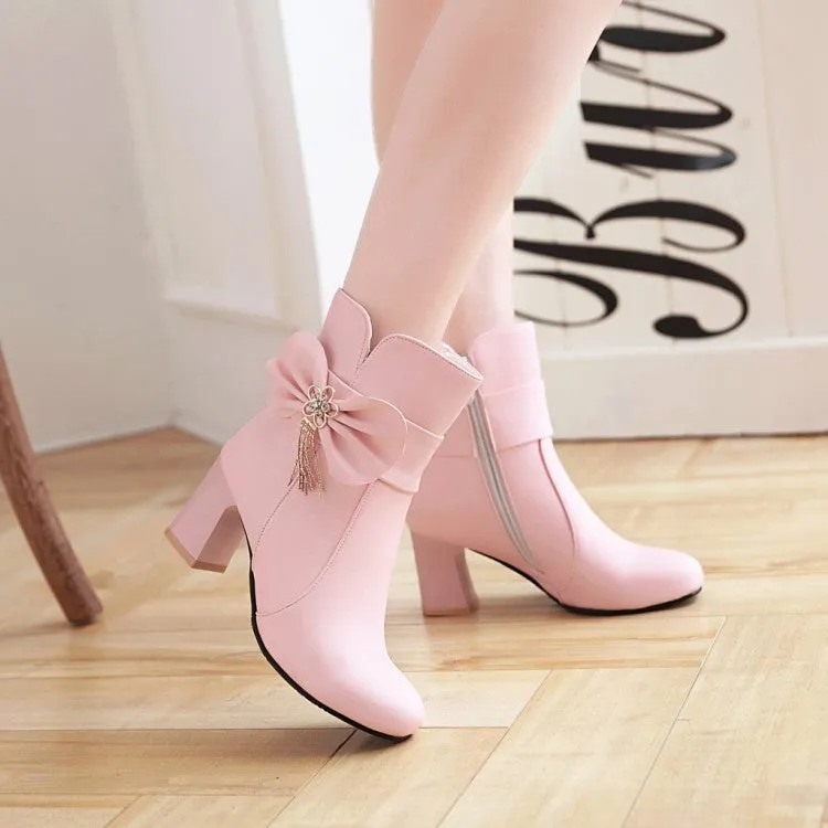 Women's Bowtie Rhinestone Tassel Block Heel Ankle Boots