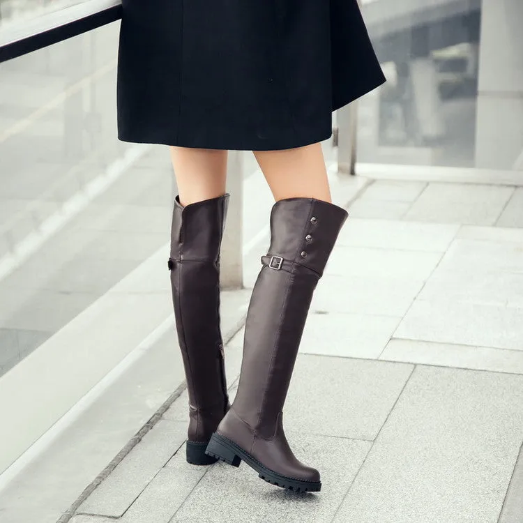 Women's Buckle Middle Heel Knee High Boots