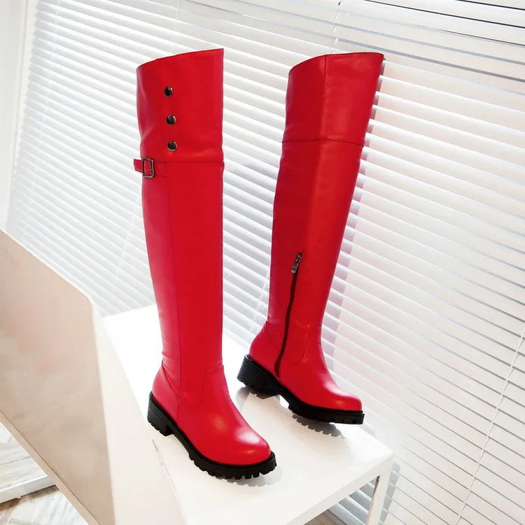 Women's Buckle Middle Heel Knee High Boots